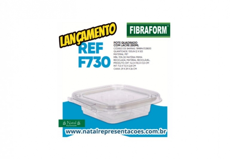 Pote PET quadrado com lacre 250ml Fibraform