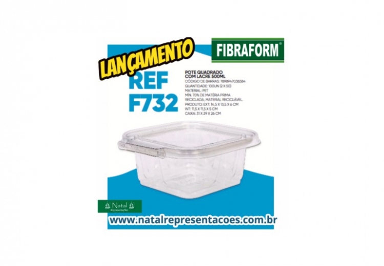 Pote PET quadrado com lacre 500ml Fibraform